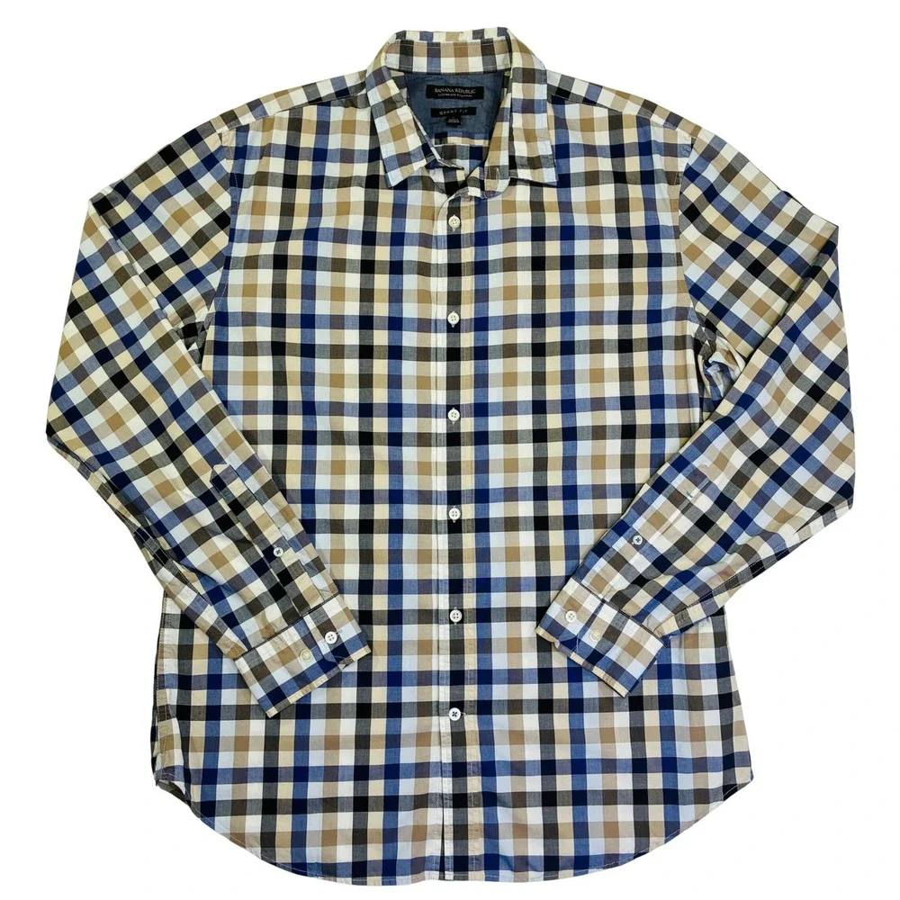 Banana Republic Mens Grant Fit Custom 078 Wash Shirt Blue Tan Check Gingham